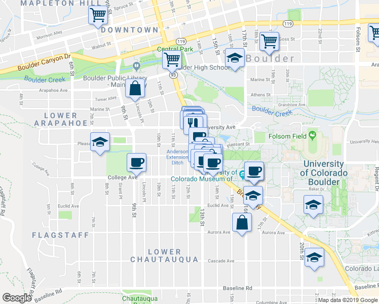 map of restaurants, bars, coffee shops, grocery stores, and more near 1155 Pleasant Street in Boulder