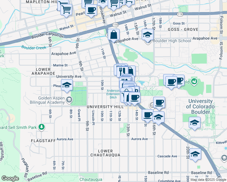map of restaurants, bars, coffee shops, grocery stores, and more near 1043 Pleasant Street in Boulder