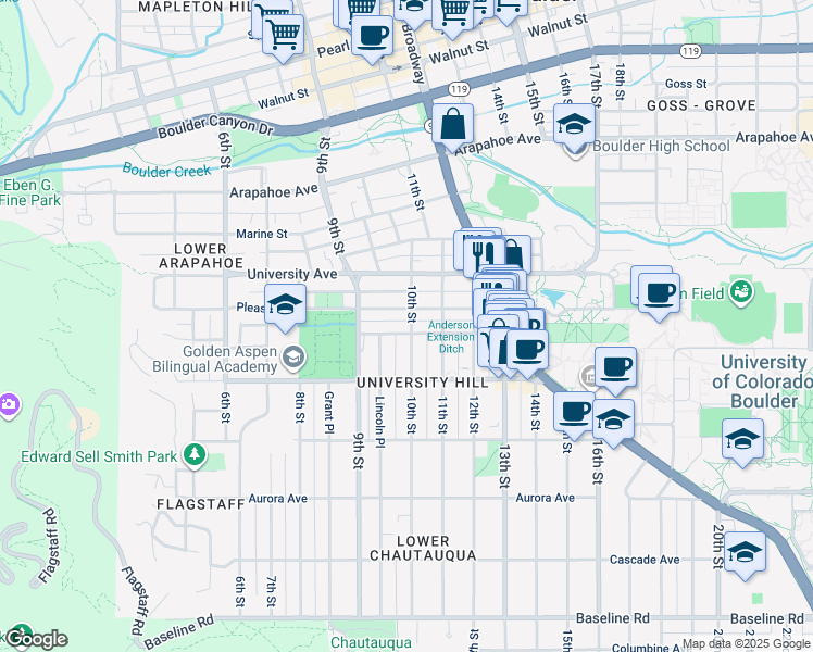 map of restaurants, bars, coffee shops, grocery stores, and more near 971 Pleasant Street in Boulder