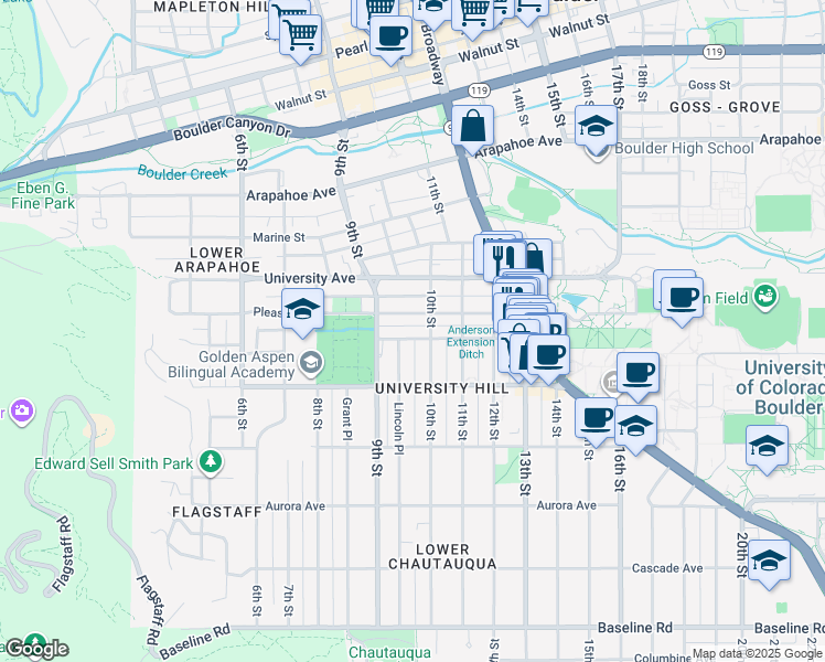 map of restaurants, bars, coffee shops, grocery stores, and more near 971 Pleasant Street in Boulder