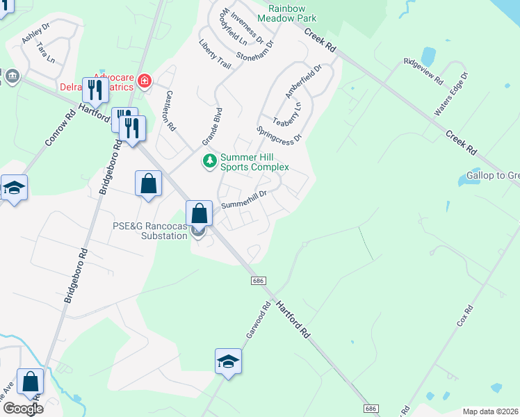 map of restaurants, bars, coffee shops, grocery stores, and more near 14 Weatherly Road in Delran