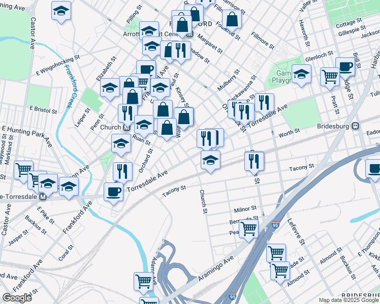 map of restaurants, bars, coffee shops, grocery stores, and more near 4321 Tackawanna Street in Philadelphia
