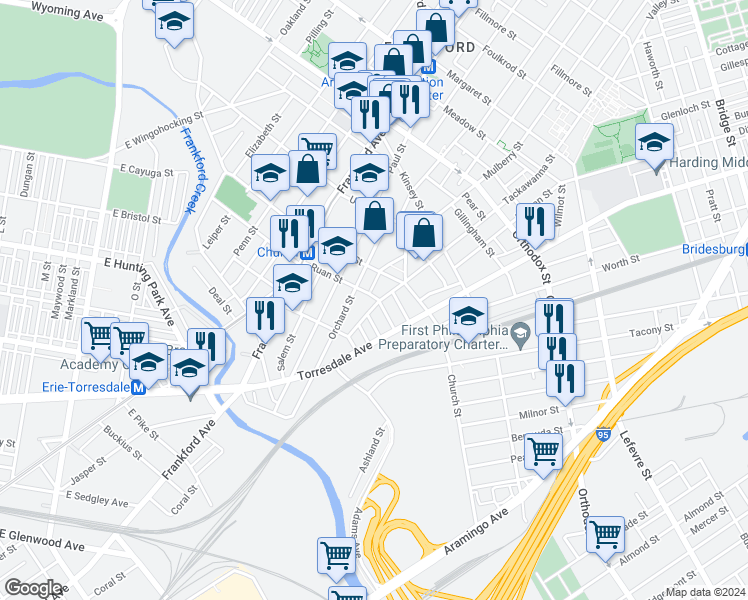 map of restaurants, bars, coffee shops, grocery stores, and more near 1818 Church Street in Philadelphia