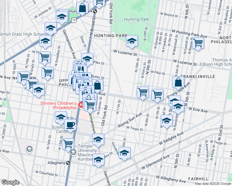 map of restaurants, bars, coffee shops, grocery stores, and more near 3713 Old York Road in Philadelphia