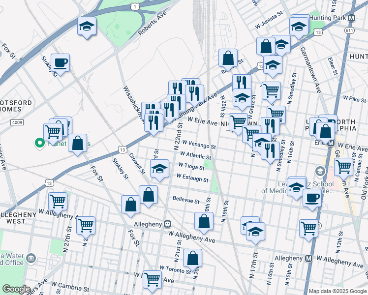 map of restaurants, bars, coffee shops, grocery stores, and more near 2126 West Pacific Street in Philadelphia