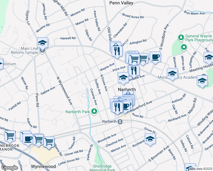 map of restaurants, bars, coffee shops, grocery stores, and more near 312 North Essex Avenue in Narberth