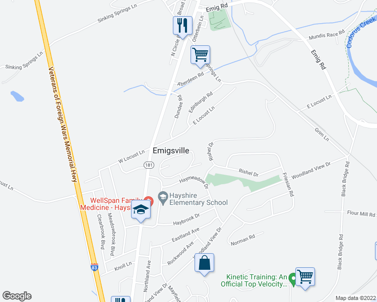 map of restaurants, bars, coffee shops, grocery stores, and more near 217 Cedar Village Drive in York