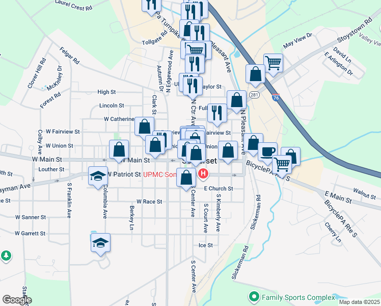 map of restaurants, bars, coffee shops, grocery stores, and more near 194 North Center Avenue in Somerset