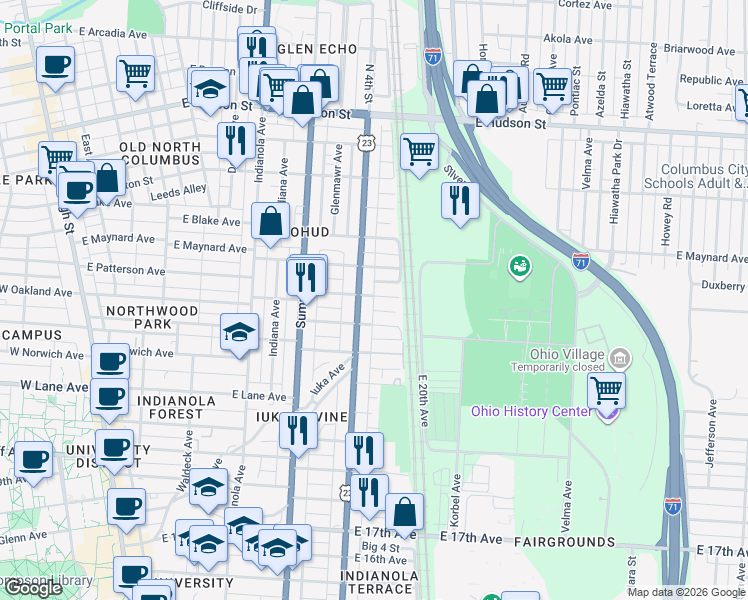 map of restaurants, bars, coffee shops, grocery stores, and more near 2250 North 4th Street in Columbus