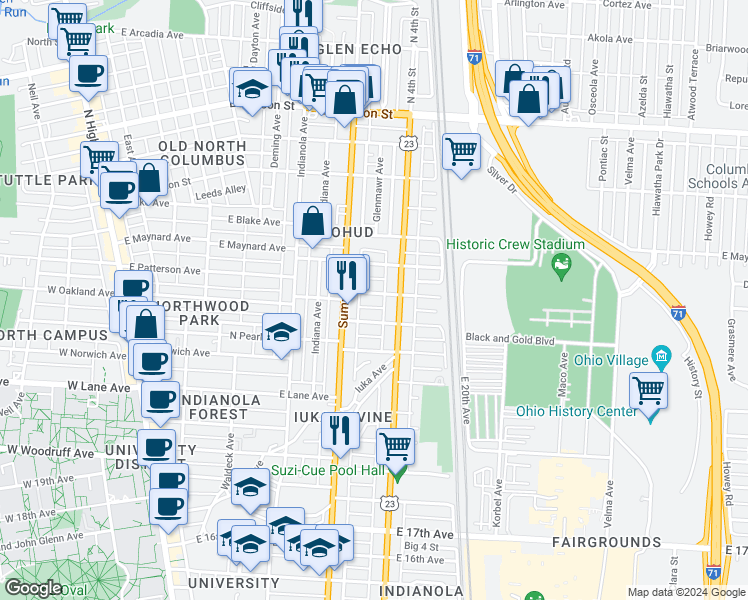 map of restaurants, bars, coffee shops, grocery stores, and more near 382 East Oakland Avenue in Columbus