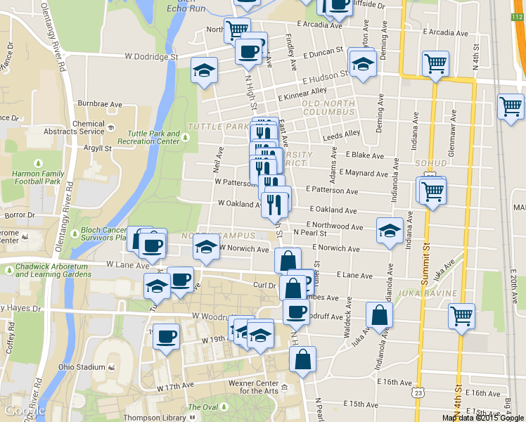map of restaurants, bars, coffee shops, grocery stores, and more near in Columbus