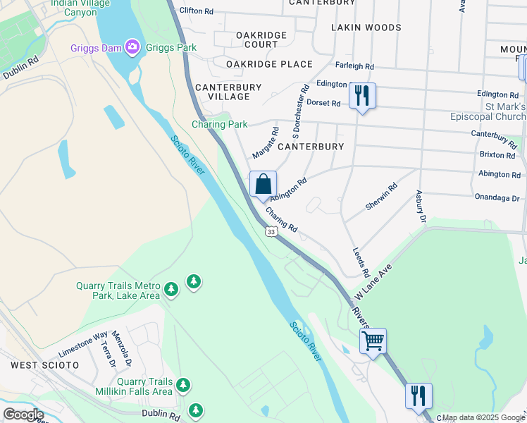 map of restaurants, bars, coffee shops, grocery stores, and more near 2731 Charing Road in Upper Arlington