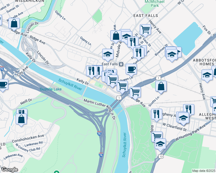 map of restaurants, bars, coffee shops, grocery stores, and more near Midvale Ave & Ridge Ave in Philadelphia