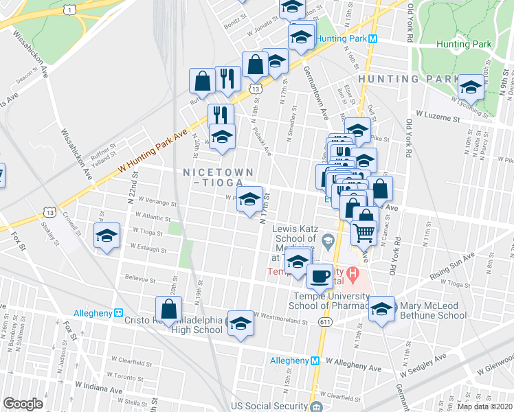 map of restaurants, bars, coffee shops, grocery stores, and more near 3625 North Bouvier Street in Philadelphia