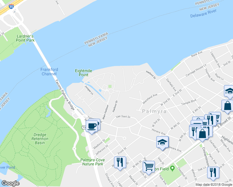 map of restaurants, bars, coffee shops, grocery stores, and more near 4188 Harbour Drive in Palmyra