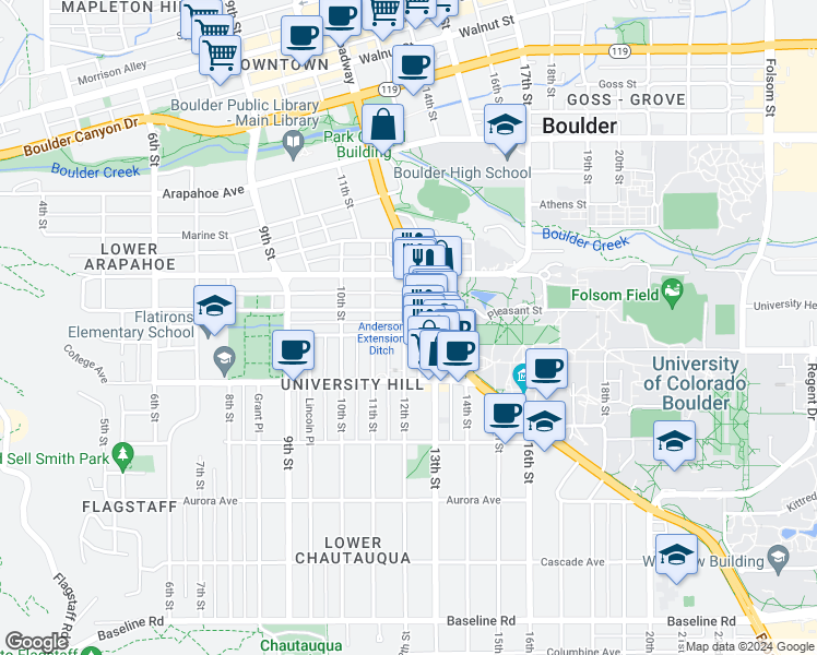 map of restaurants, bars, coffee shops, grocery stores, and more near 1203 Pennsylvania Avenue in Boulder