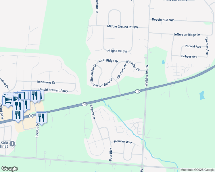 map of restaurants, bars, coffee shops, grocery stores, and more near 124 Clayton Bend Drive in Pataskala