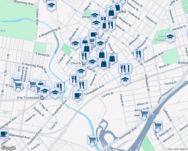 map of restaurants, bars, coffee shops, grocery stores, and more near 4244 Orchard Street in Philadelphia
