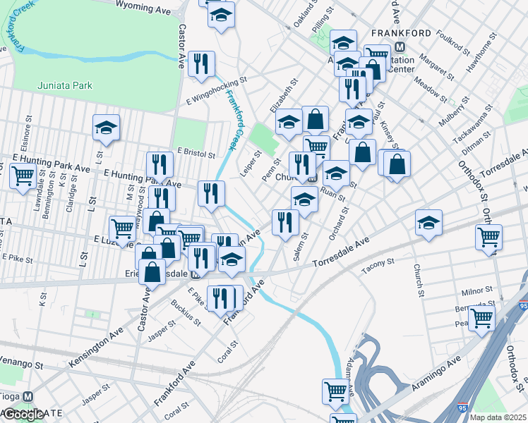 map of restaurants, bars, coffee shops, grocery stores, and more near 1530 Adams Avenue in Philadelphia