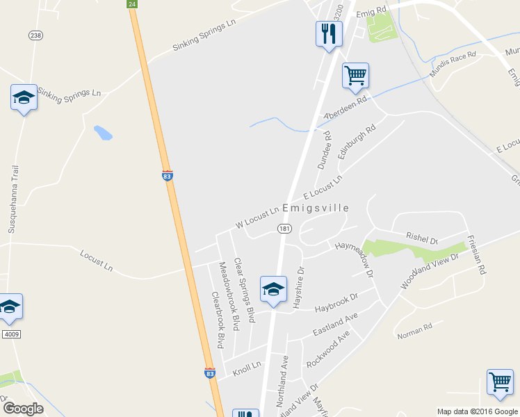 map of restaurants, bars, coffee shops, grocery stores, and more near 35 West Locust Lane in York
