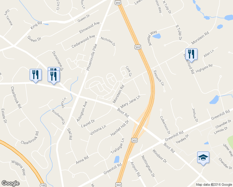 map of restaurants, bars, coffee shops, grocery stores, and more near 1233 Morstein Road in West Chester