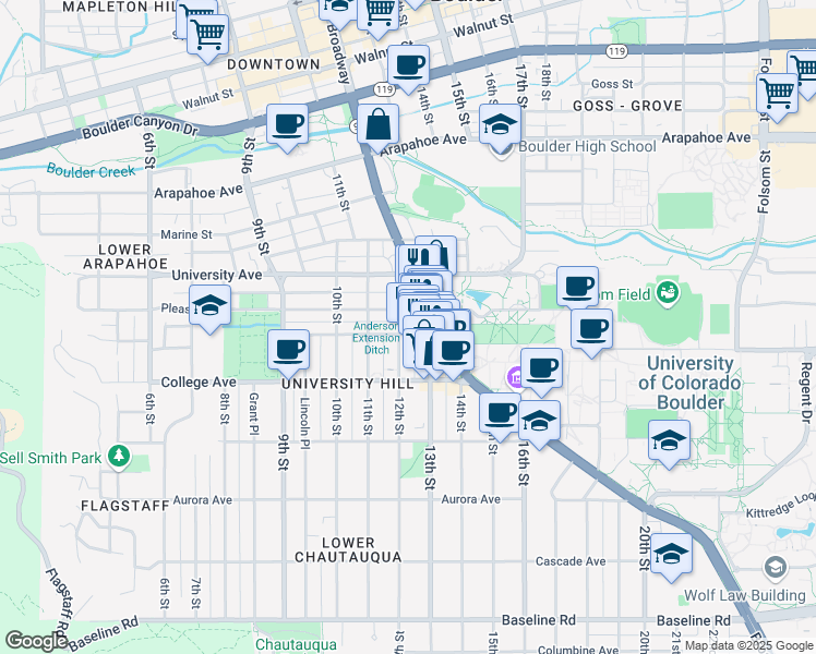 map of restaurants, bars, coffee shops, grocery stores, and more near 1209 Pennsylvania Avenue in Boulder