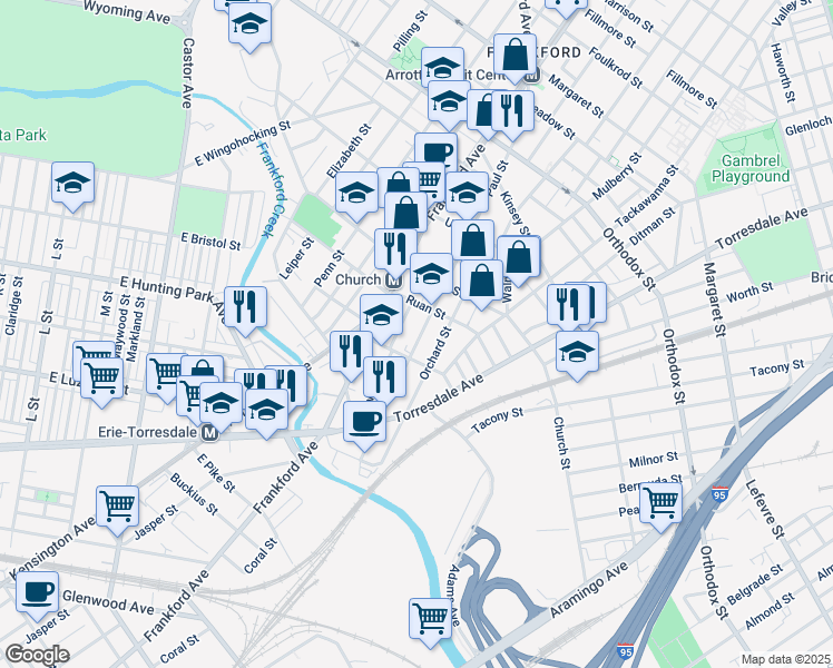 map of restaurants, bars, coffee shops, grocery stores, and more near 4230 Paul Street in Philadelphia