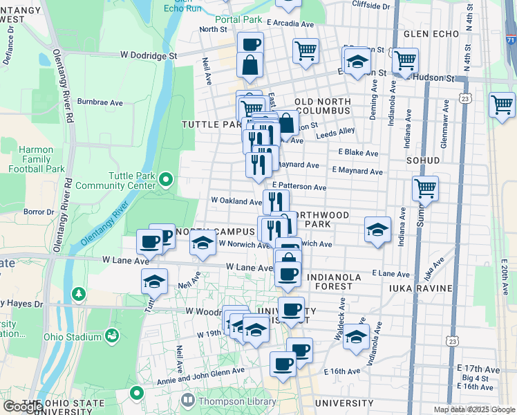 map of restaurants, bars, coffee shops, grocery stores, and more near in Columbus