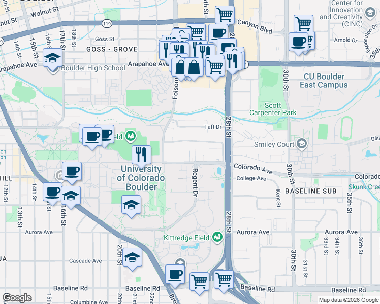 map of restaurants, bars, coffee shops, grocery stores, and more near 2491 Colorado Avenue in Boulder
