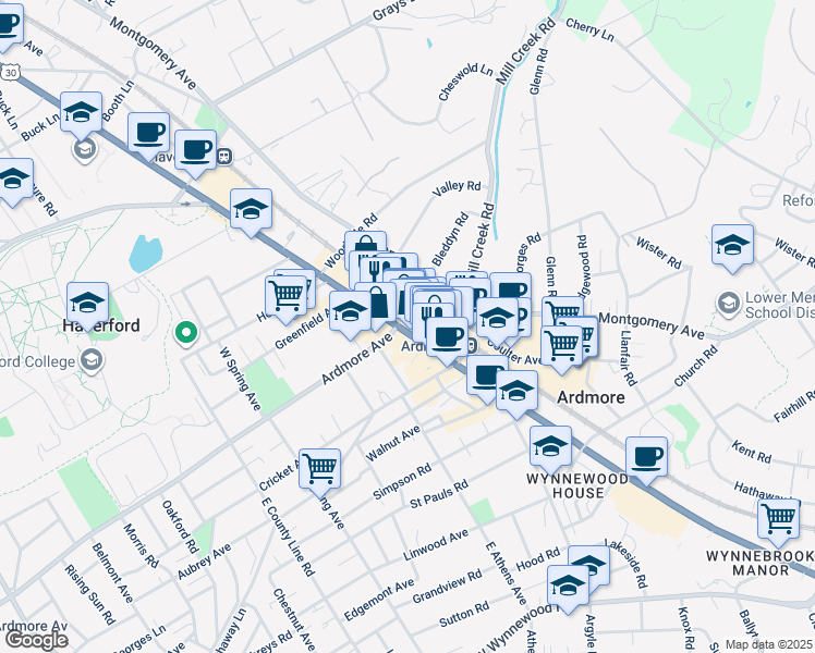 map of restaurants, bars, coffee shops, grocery stores, and more near 111 U.S. 30 in Ardmore