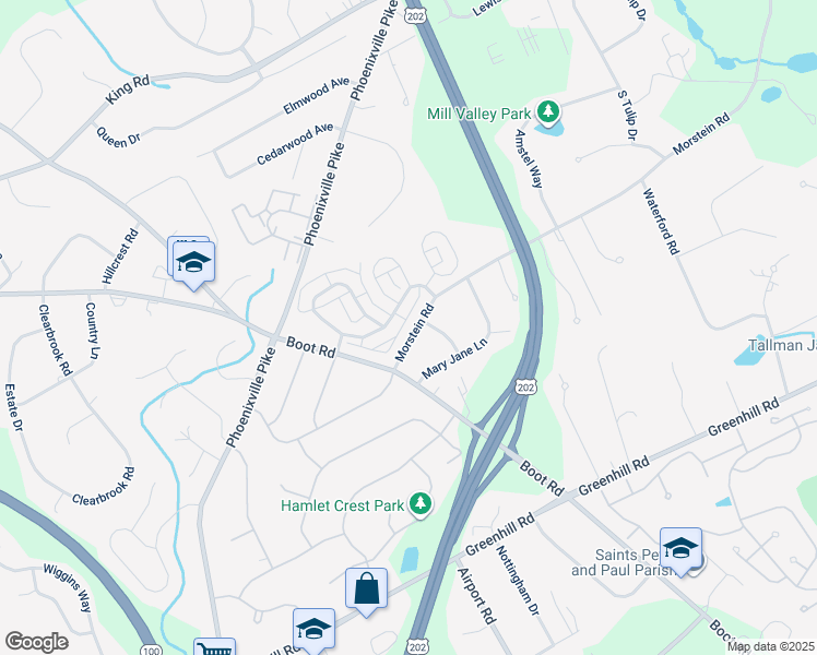 map of restaurants, bars, coffee shops, grocery stores, and more near 1233 Morstein Road in West Chester