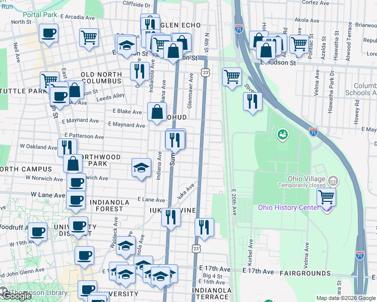 map of restaurants, bars, coffee shops, grocery stores, and more near 393 East Oakland Avenue in Columbus