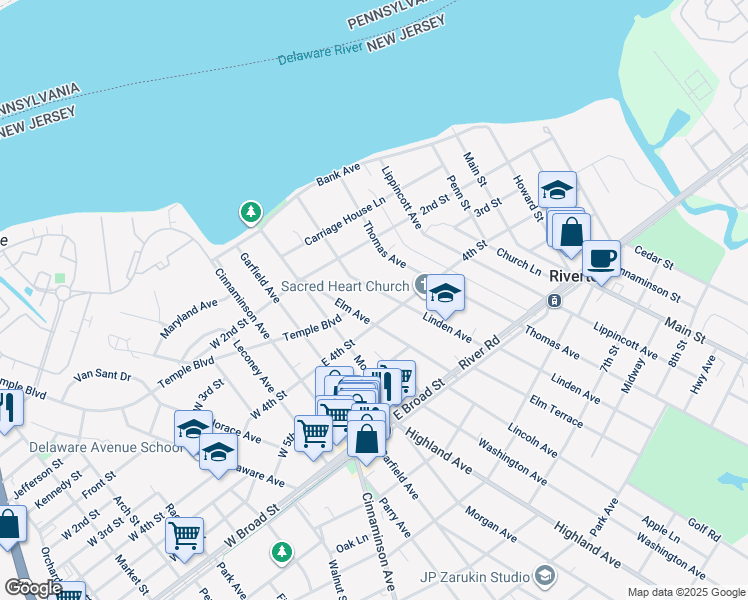 map of restaurants, bars, coffee shops, grocery stores, and more near 209 Linden Avenue in Riverton