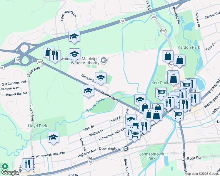 map of restaurants, bars, coffee shops, grocery stores, and more near 210 Race Street in Downingtown