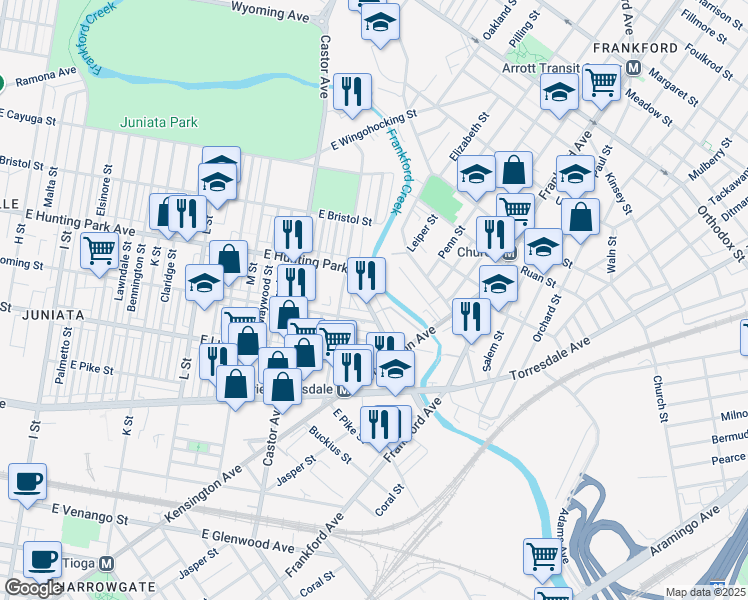 map of restaurants, bars, coffee shops, grocery stores, and more near 1647 East Hunting Park Avenue in Philadelphia