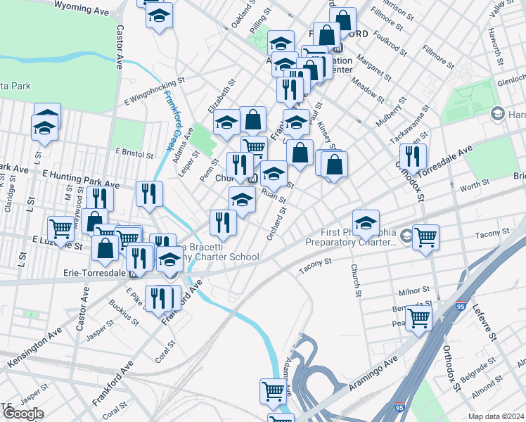 map of restaurants, bars, coffee shops, grocery stores, and more near 4230 Paul Street in Philadelphia