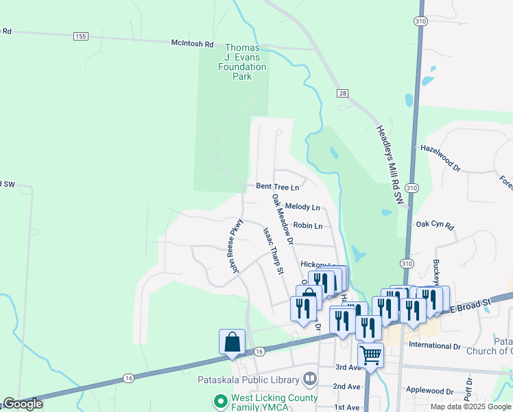 map of restaurants, bars, coffee shops, grocery stores, and more near 448 Joseph Van Dorn Street in Pataskala