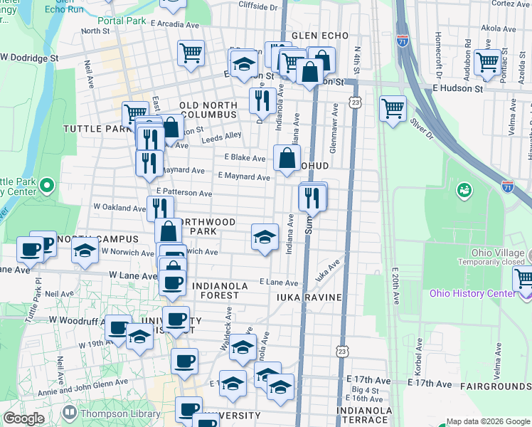 map of restaurants, bars, coffee shops, grocery stores, and more near 244 East Oakland Avenue in Columbus