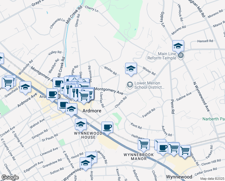 map of restaurants, bars, coffee shops, grocery stores, and more near 270 East Montgomery Avenue in Ardmore