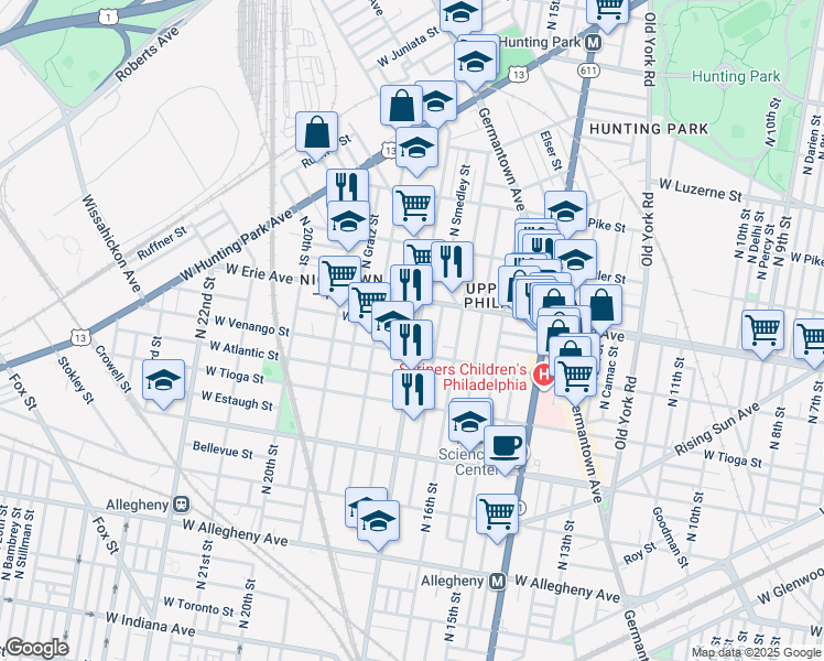 map of restaurants, bars, coffee shops, grocery stores, and more near 3628 North 17th Street in Philadelphia