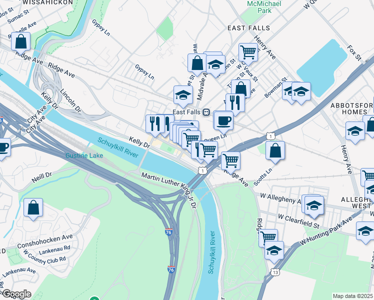 map of restaurants, bars, coffee shops, grocery stores, and more near 3655 Indian Queen Lane in Philadelphia