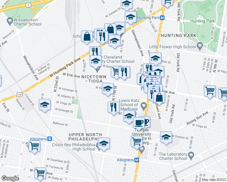 map of restaurants, bars, coffee shops, grocery stores, and more near 3628 North 17th Street in Philadelphia