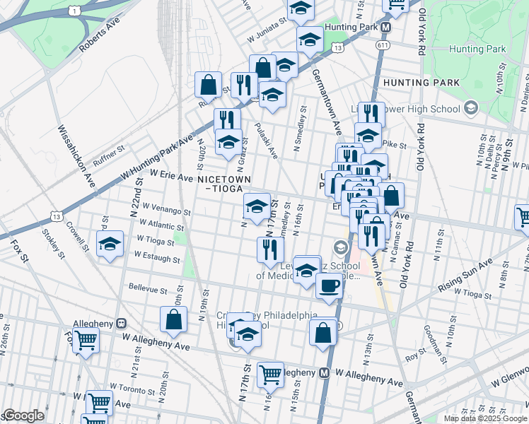 map of restaurants, bars, coffee shops, grocery stores, and more near 3629 North Bouvier Street in Philadelphia