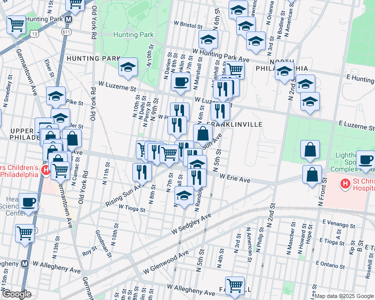 map of restaurants, bars, coffee shops, grocery stores, and more near 3747 North Marshall Street in Philadelphia