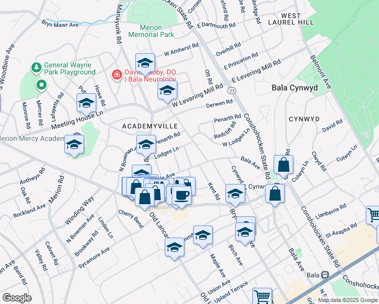 map of restaurants, bars, coffee shops, grocery stores, and more near 407 Kent Road in Bala Cynwyd
