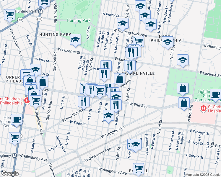 map of restaurants, bars, coffee shops, grocery stores, and more near 3747 North Marshall Street in Philadelphia