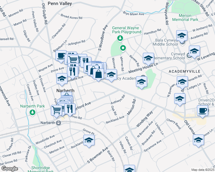 map of restaurants, bars, coffee shops, grocery stores, and more near 615 Montgomery Avenue in Merion Station