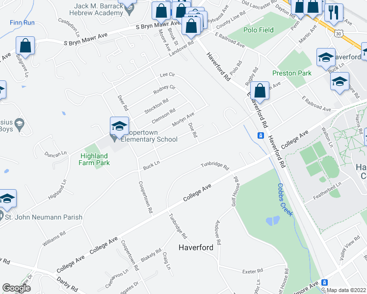 map of restaurants, bars, coffee shops, grocery stores, and more near 124 Buck Lane in Haverford