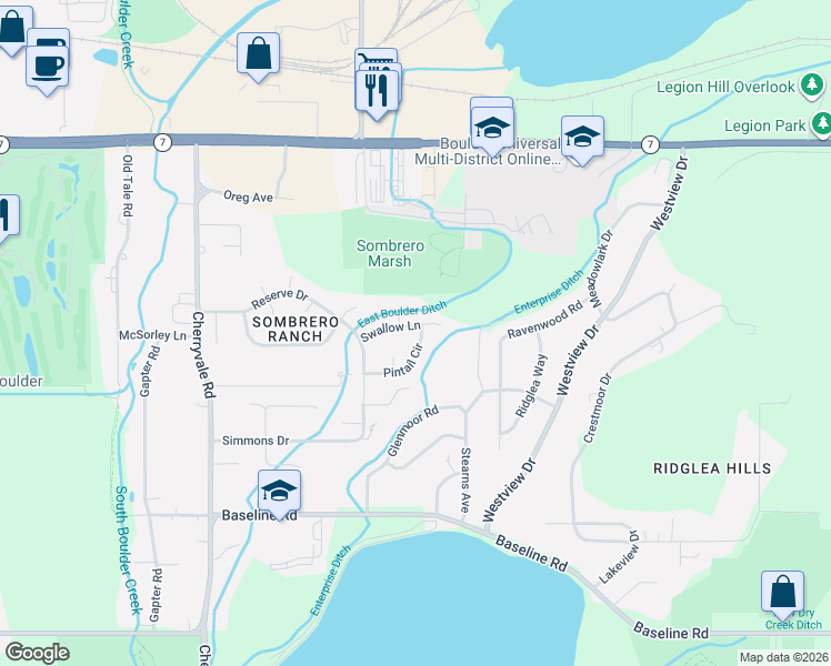 map of restaurants, bars, coffee shops, grocery stores, and more near 6397 Swallow Lane in Boulder