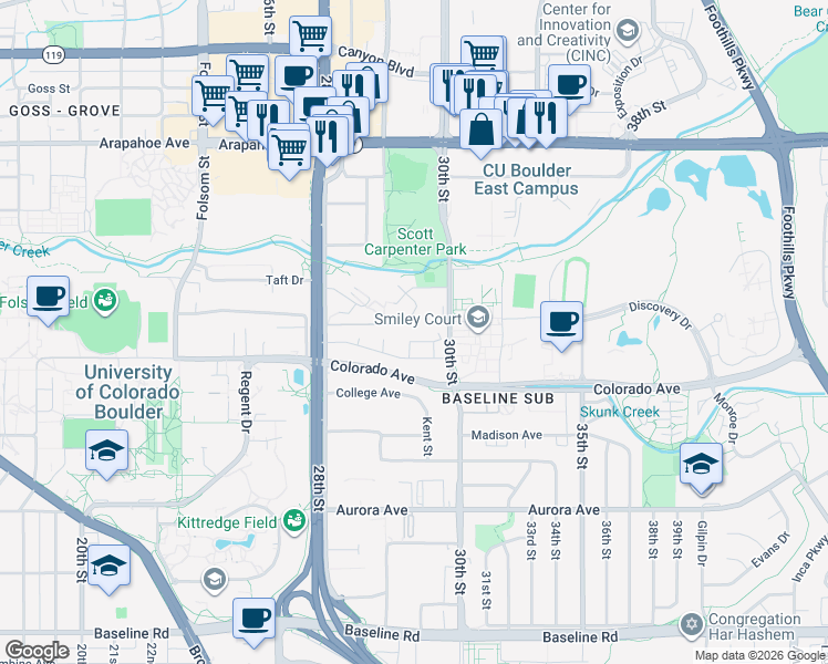 map of restaurants, bars, coffee shops, grocery stores, and more near 2932 Shadow Creek Drive in Boulder